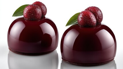 Exquisite chocolate mousse dome dessert topped with fresh strawberries and glossy mirror glaze resting elegantly on a reflective surface inviting indulgence and delight