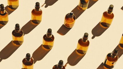 Symmetrical amber bottles grid casting shadows on neutral background. Clean modern packaging design for organic beauty, wellness, and apothecary products