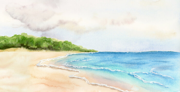 Tropical sea beach with cloudy sky watercolor illustration isolated on white. Calm ocean coast with sand horizontal clip art for Florida summer vacation designs with green trees nature and seascape
