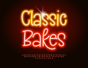 Vector Neon banner Classic Bakes. Illuminated Playful Font. Funny Glowing Alphabet Letters and Numbers set.