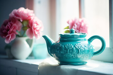 Turquoise teapot flowers vase window still life kitchenware carnations home decor tea setting ceramic 100