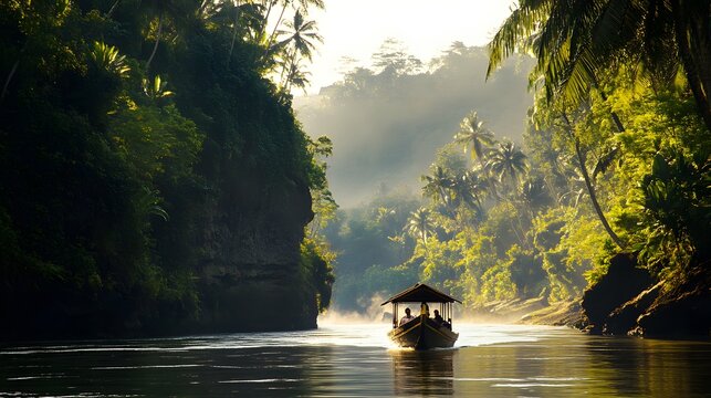 A scenic boat ride on the Ayung River, surrounded by lush tropical jungle and dramatic cliffs