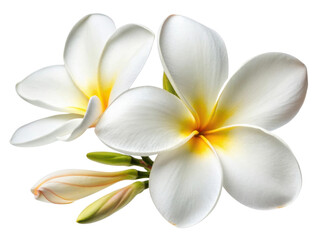Naklejka premium Plumeria flowers bloom beautifully with delicate petals showcasing soft yellow center, evoking sense of tranquility and elegance