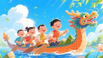 Obraz premium Dragon Boat Festival traditional festival customs dragon boat race waves waves Chinese style illustration