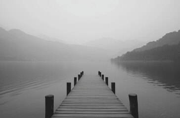 Obraz premium Serene wooden pier extends into calm lake amidst misty majestic mountains in subtle gray tones