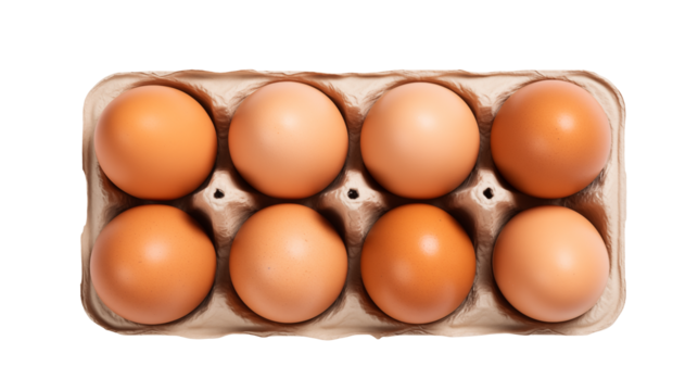 A top down view of eight brown eggs arranged neatly in a cardboard egg carton against a black background