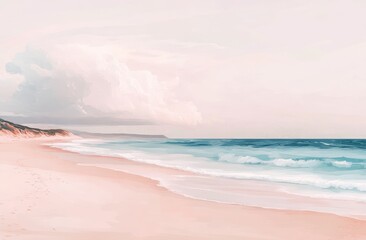 Tranquil Australian beach scene with soft pastel sky and gentle waves on a secluded coastal sandy shore