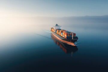 Obraz premium Container ship gliding across calm waters with foggy horizon in