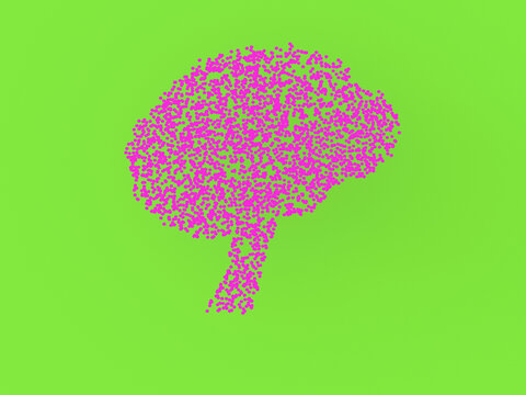 3D rendering of a conceptual brain made of pink dots on a green background