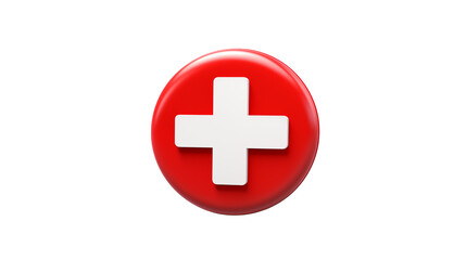 Obraz premium A glossy red circle with a white plus sign in the center against a solid black background isolated