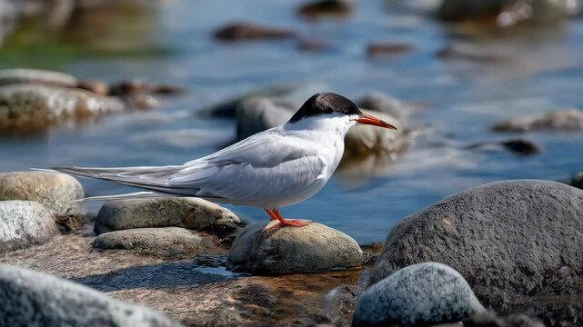 Elegant tern perched on a rock amidst a gentle stream, reflecting serene water surface and bright sunlight.