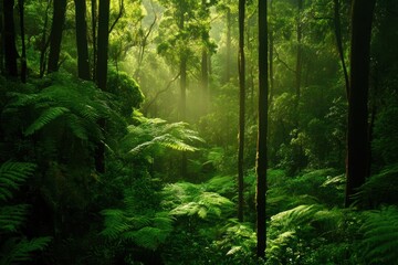 Fototapeta premium Lush green rainforest vegetation in Tasmania showcases the beauty of Australia's natural landscape, Australian rainforest green vegetation Tasmania nature landscape