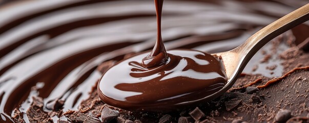 Artistic macro view capturing melting chocolate elegantly dripping from a spoon