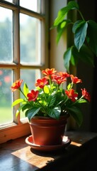 Fototapeta premium Sun-drenched windowsill, vibrant blooms in vintage pot, leaves, beauty