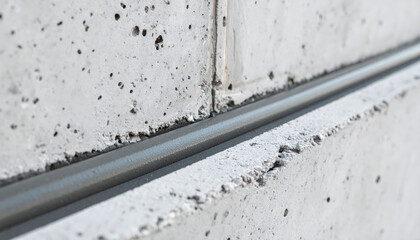 Close up view of concrete wall showcasing smooth metal strip embedded in surface, highlighting texture and details of concrete. image evokes sense of modern architecture and industrial design