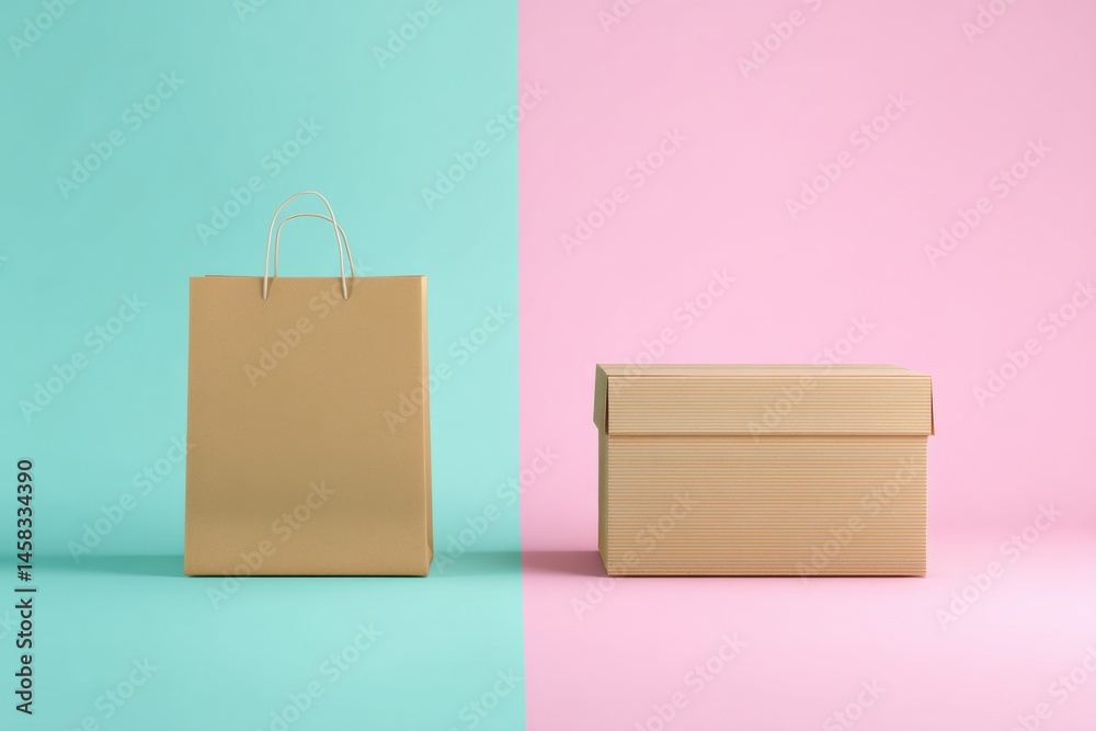 Poster Pastel Colored Paper Shopping Bag and Cardboard Box Displayed Side by Side in a Modern Setting Generative AI