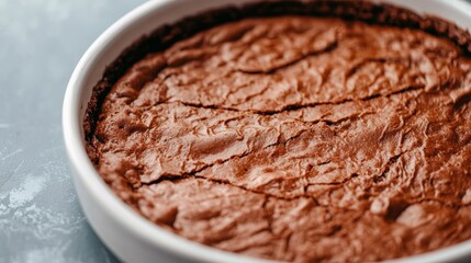 Close up view of light and airy homemade chocolate souffle rising in fresh ceramic dish
