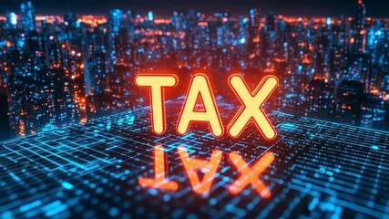 Futuristic cityscape showcasing glowing tax symbols on digital surface, merging finance and technology in vibrant urban landscape. - Powered by Adobe