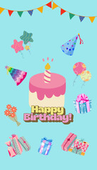 Happy birthday greeting card with balloons, cake, and gifts at blue background. ( original illustration, not AI-generated )