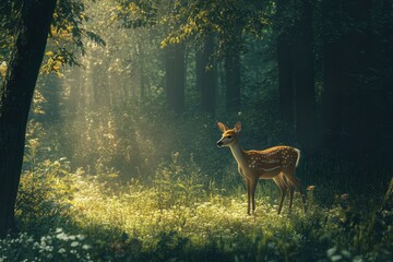 Fototapeta premium Forest beauty with deer in a serene timelapse capturing nature's tranquility, forest beauty and a deer seamless virtual Photo Background