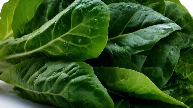 Close-up shot of fresh romaine lettuce leaves with visible water droplets on the leaves and a white background, showcasing healthy food.