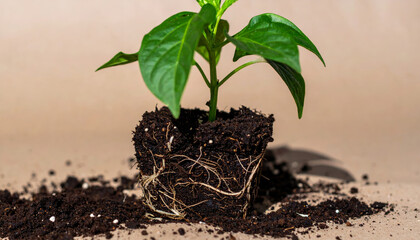 Young plant with roots in soil, showcasing vibrant green leaves and rich earth. This captures essence of growth and nurturing in natural environment