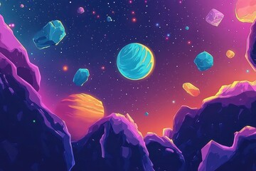 Explore vibrant cosmic landscapes filled with colorful asteroids and celestial bodies in deep space, A beautiful flight in a colorful space with asteroids with sounds and a planet