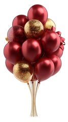 Floating red and gold glitter balloons for luxury party decoration on white background in 3d render