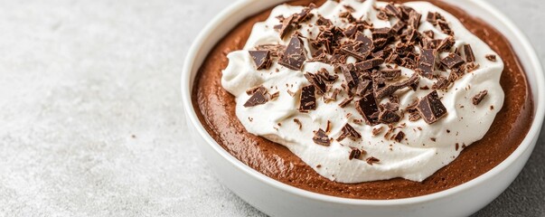 Detailed Closeup of Rich Chocolate Mousse with Whipped Cream and Shaved Chocolate Garnish in Delicious Gourmet Presentation