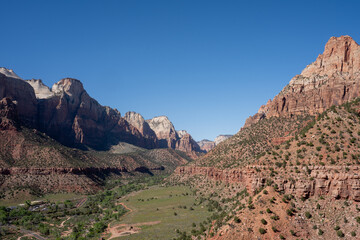 View of valley in Zion National Park during the summer. Utah, USA.	