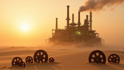 A Dystopian Industrial Complex in a Desert Wasteland at Sunset