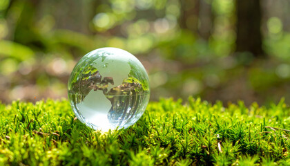 clear glass globe rests on vibrant green moss, symbolizing nature and environment. soft focus background enhances serene atmosphere of forest
