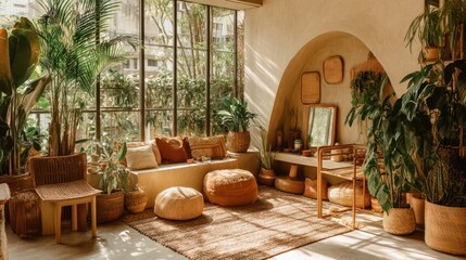 Sunlight-drenched, earthy-toned room with plants, plush seating, and natural light
