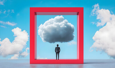 Man Standing Under Cloud in Red Frame Against Blue Sky Background