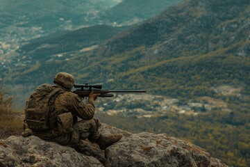 Sniper positioned on a hilltop surveying enemy targets in an active operation, a sniper on top hill hunt enemy target