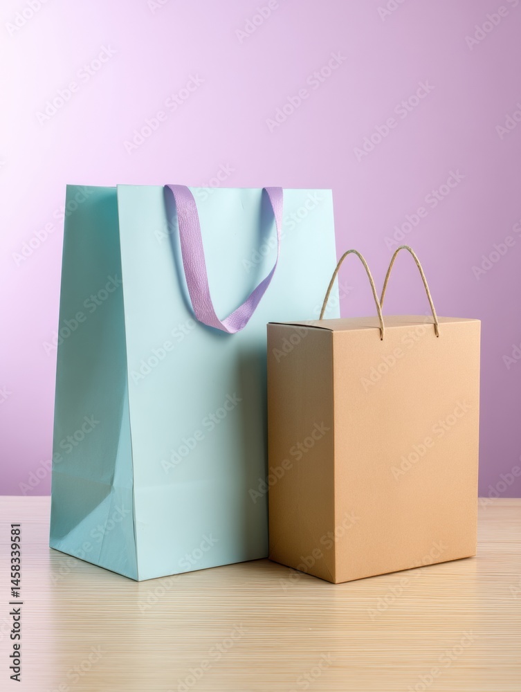 Aufkleber Paper Shopping Bag and Cardboard Box in Pastel Tones Displayed on a Light Wooden Surface Against a Soft Purple Background Generative AI