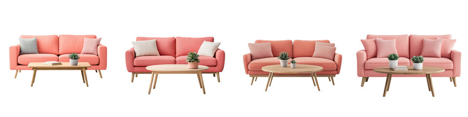 Modern living room furniture set with pink sofas and wooden coffee tables
