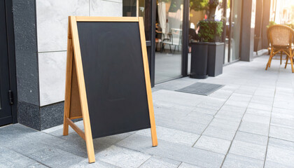 wooden frame sign stands on sidewalk, showcasing blank chalkboard surface. sign is positioned outside modern building, with outdoor seating visible in background, creating welcoming atmosphere