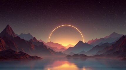 Sunrise over mountains,  ring of fire,  starry night,  lake reflects light
