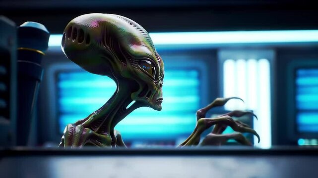 Alien head with elongated shape and delicate features in tech room