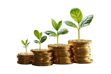 Stacks of Gold Coins with Growing Green Plants, Symbolizing Financial Growth, Investment Success, and Sustainable Wealth Development
