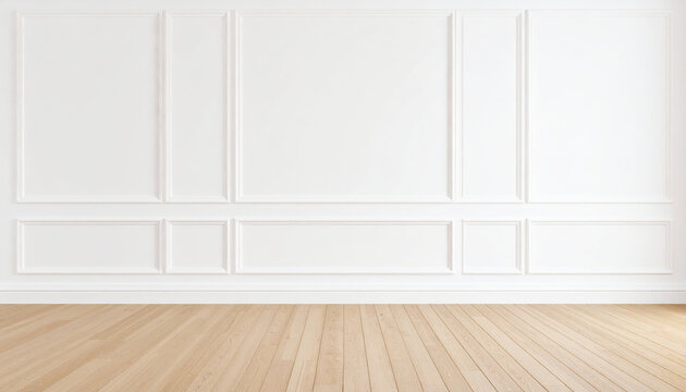 Minimalist white wainscoting design with smooth wooden flooring creates serene and elegant atmosphere, perfect for modern interiors and stylish decor