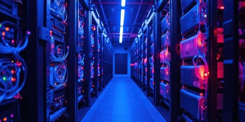High-Tech Data Center with Colorful LED Lights and Equipment Racks