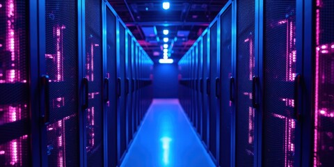 Modern Data Center Interior with Colorful LED Lighting Effects