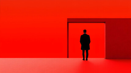 Obraz premium Contemplative Silhouette at Doorway Against Vibrant Red Background