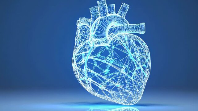 Rotating Anatomical Human Heart 3D Model Maade of Plexus Blue Glowing Lines on Pure Blue Background 