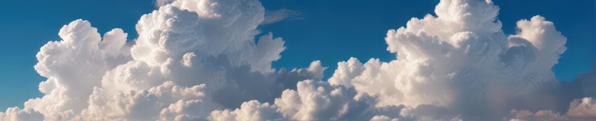 Obraz premium Warm sunlight breaks through fluffy cumulus clouds, azure sky backdrop , panorama, heavenly