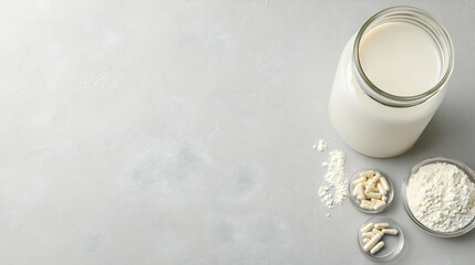 Fresh Milk Jar and Dietary Supplements on Light Background