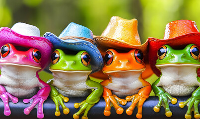 Colorful Frogs in Cowboy Hats with Playful Expressions Outdoors