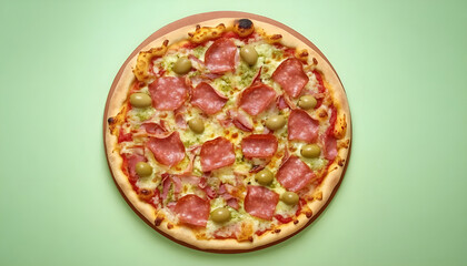 Tasty pizza with cured ham, olives and tomatoes on green background, top view. Space for text